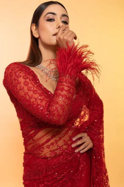 Designer Red Georgette Saree With Heavy Sequin Work For Women