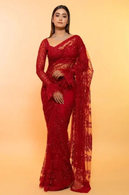 Designer Red Georgette Saree With Heavy Sequin Work For Women