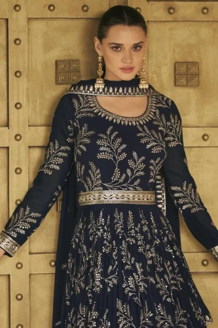 Heavy Evening Party Wear Gown With Embroidery Belt