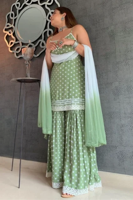Green Cotton Sharara Suit For Girls With Bobby Prints Green Cotton Sharara Suit For Girls With Bobby Prints