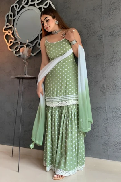 Green Cotton Sharara Suit For Girls With Bobby Prints Green Cotton Sharara Suit For Girls With Bobby Prints