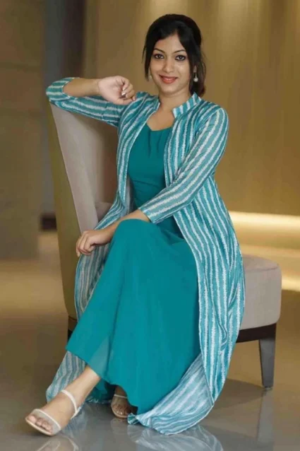 Green Digital Printed Crochet Work Kurti With Shrug