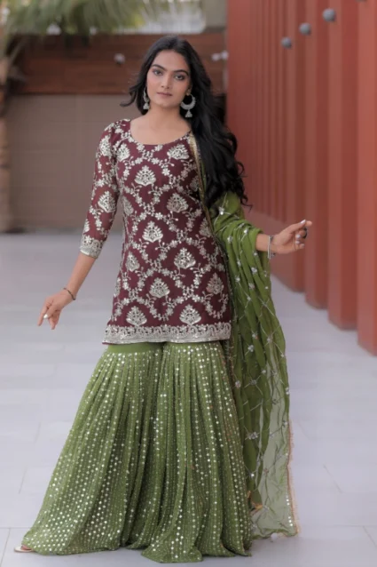 Green Pakistani Sharara Suit With Embroidered Top And Dupatta Green Pakistani Sharara Suit With Embroidered Top And Dupatta