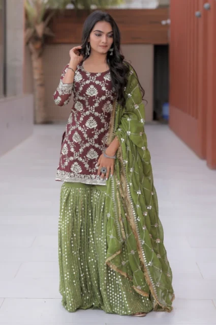 Green Pakistani Sharara Suit With Embroidered Top And Dupatta Green Pakistani Sharara Suit With Embroidered Top And Dupatta