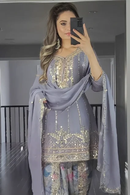 Grey Dhoti Salwar Suit Set With Heavy Sequence Embroidery Grey Dhoti Salwar Suit Set With Heavy Sequence Embroidery
