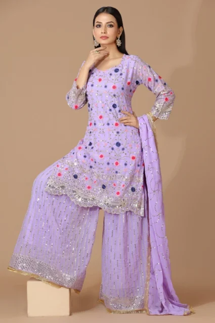 Lavender Color Sequence Embroidered Fancy Sharara Suit Set For Girls Lavender Color Sequence Embroidered Fancy Sharara Suit Set For Girls