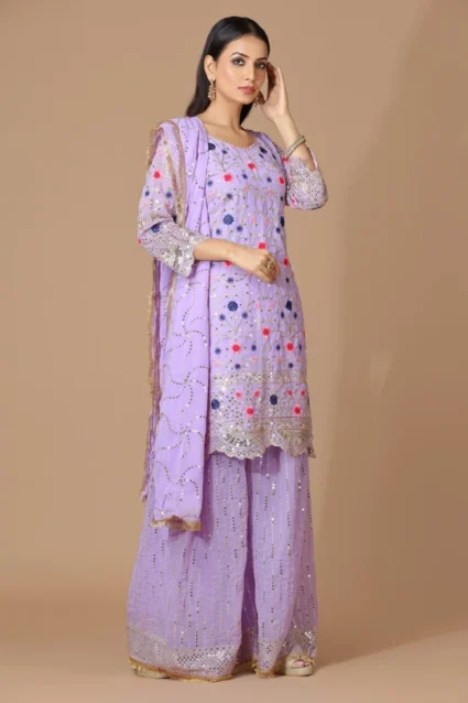 Lavender Color Sequence Embroidered Fancy Sharara Suit Set For Girls Lavender Color Sequence Embroidered Fancy Sharara Suit Set For Girls