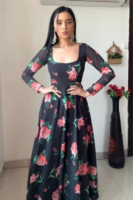 Floral Black Long Anarkali Gown With Dupatta Floral Black Long Anarkali Gown With Dupatta