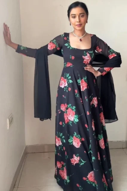 Floral Black Long Anarkali Gown With Dupatta Floral Black Long Anarkali Gown With Dupatta