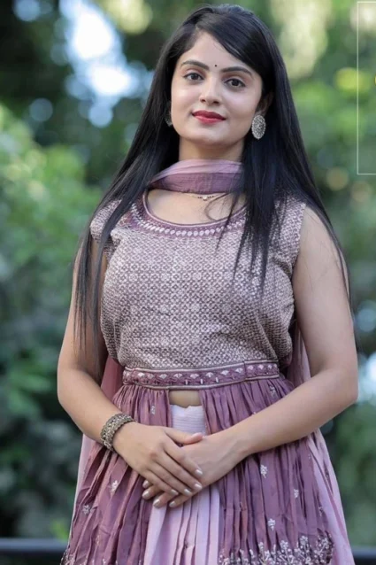 Purple Indo-Western Chinon Crop Top Lehenga With Dupatta