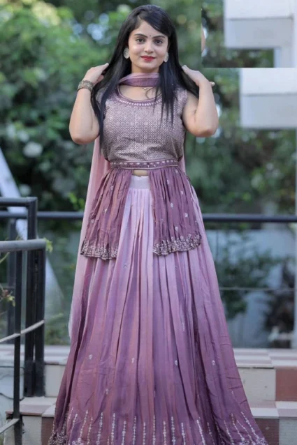 Purple Indo-Western Chinon Crop Top Lehenga With Dupatta