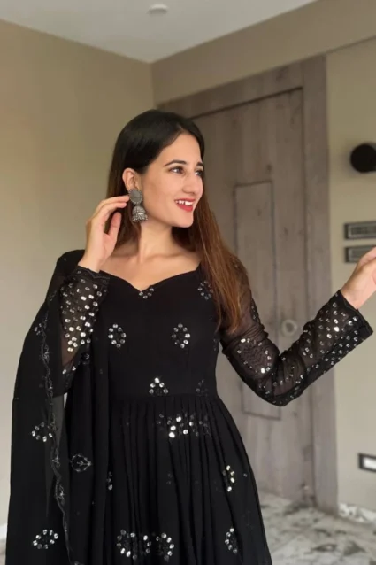 Raksha Bandhan Special Black Anarkali Gown With Mirror Work