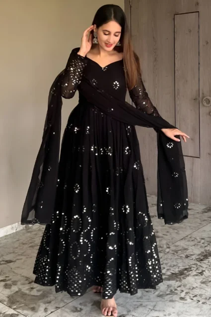 Raksha Bandhan Special Black Anarkali Gown With Mirror Work