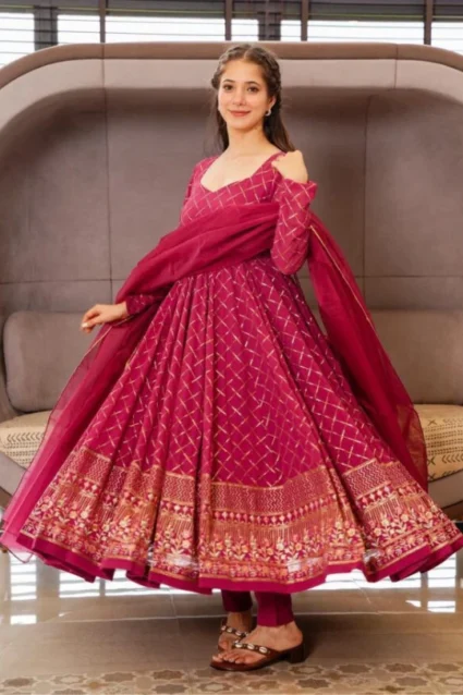 Rani Color Georgette Anarkali Suit With Dupatta For Girls Rani Color Georgette Anarkali Suit With Dupatta For Girls