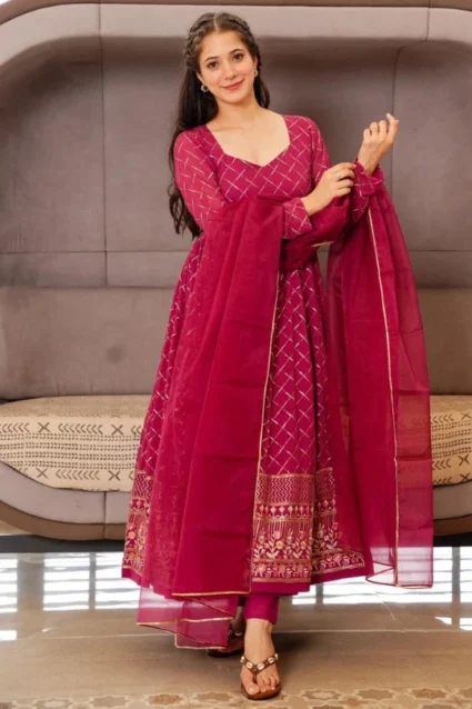 Rani Color Georgette Anarkali Suit With Dupatta For Girls Rani Color Georgette Anarkali Suit With Dupatta For Girls
