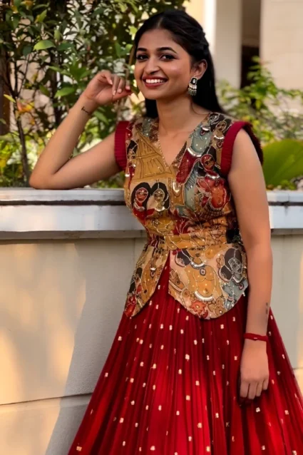 Red Lehenga Set With Kalamkari Design For Navratri 2023