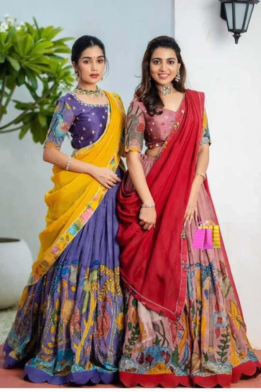 Silk Red Lehenga Choli With Kalamkari Design For Navratri - Ethnic Race