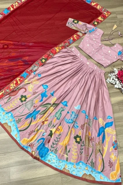 Silk Red Lehenga Choli With Kalamkari Design For Navratri