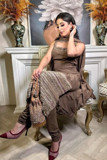 Sleeveless Satin Silk Salwar Kameez For Girls In Beige Sleeveless Satin Silk Salwar Kameez For Girls In Beige