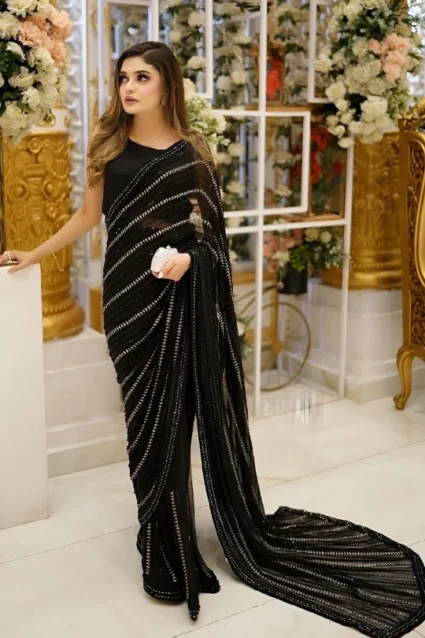 Stunning Black Georgette Saree With Thread And Sequence Work