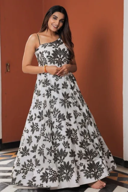 Stylish Off-White Partywear Georgette Gown For Girls