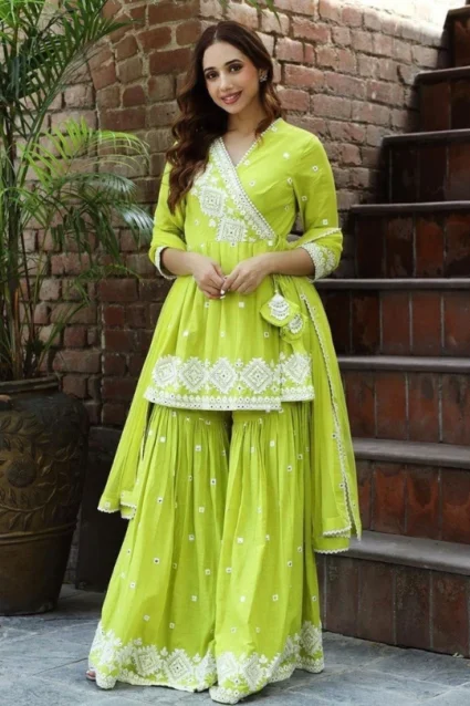 Partywear Embroidered Cotton Kurti With Sharara Set Partywear Embroidered Cotton Kurti With Sharara Set