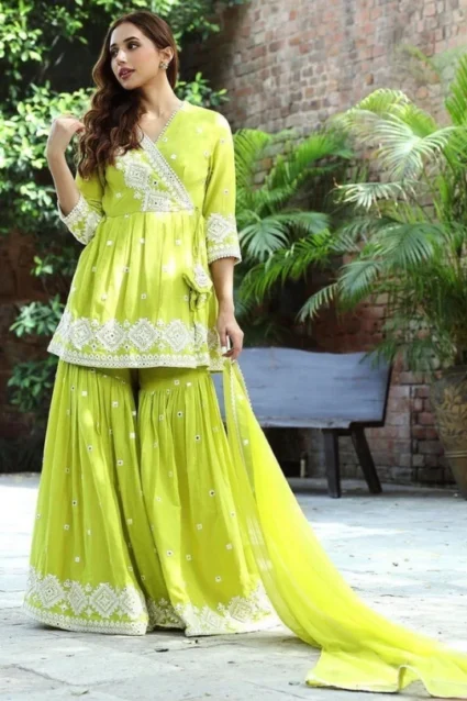 Partywear Embroidered Cotton Kurti With Sharara Set Partywear Embroidered Cotton Kurti With Sharara Set