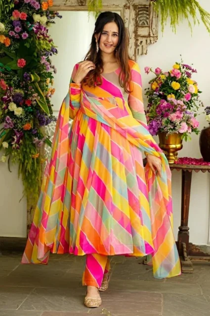 Beautiful Partywear Multicolored Long Anarkali Suit Beautiful Partywear Multicolored Long Anarkali Suit