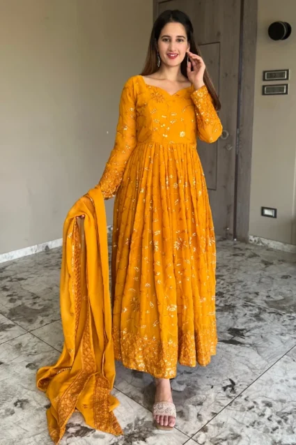 Stunning Mustard Yellow Partywear Anarkali Gown For Girls Stunning Mustard Yellow Partywear Anarkali Gown For Girls