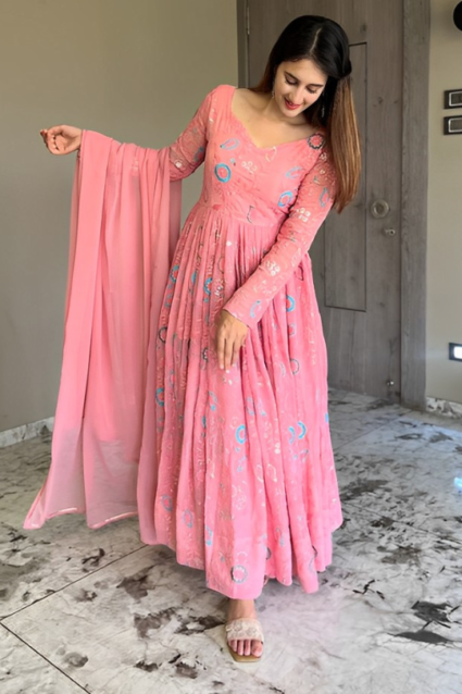 Heavily Embroidered Peach Anarkali Suit For Birthday Party Heavily Embroidered Peach Anarkali Suit For Birthday Party