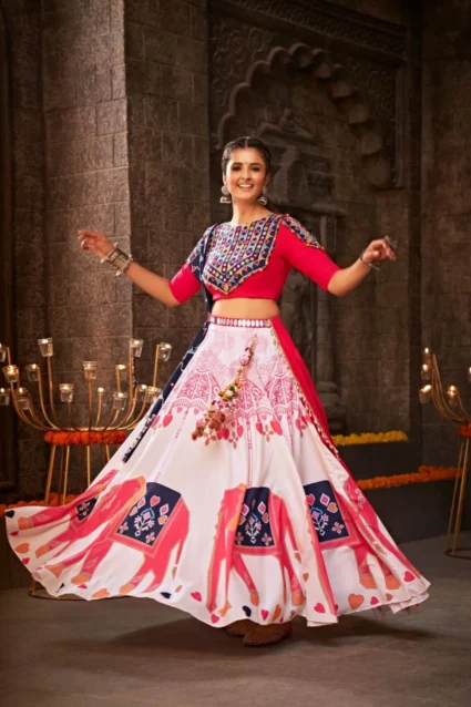 Latest Navratri Special Pink Rayon Lehenga Choli For Woman