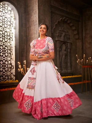 Navratri Special Off-White Ghagra Choli With Mirror Work