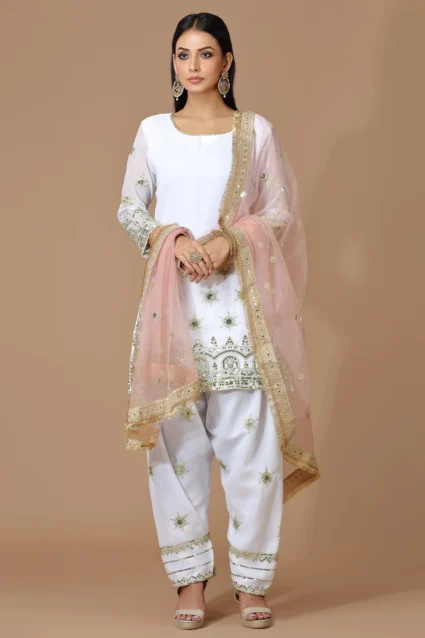 Punjabi Salwar Kameez For Women With Pink Net Dupatta Punjabi Salwar Kameez For Women With Pink Net Dupatta