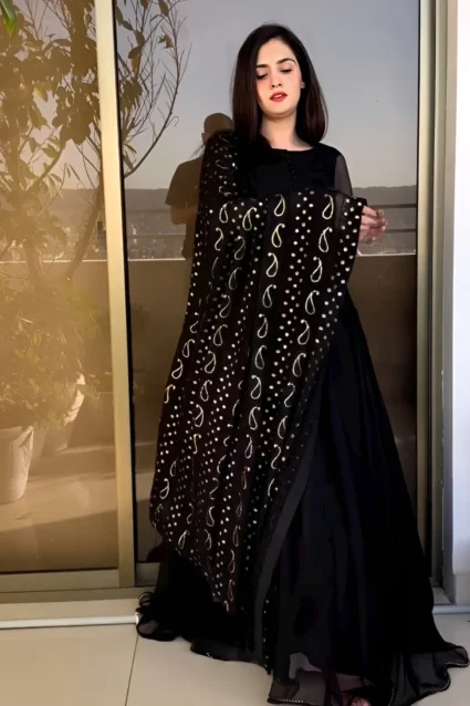 Breathtaking Black Georgette Anarkali Gown With Dupatta Breathtaking Black Georgette Anarkali Gown With Dupatta