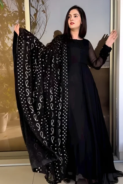 Breathtaking Black Georgette Anarkali Gown With Dupatta Breathtaking Black Georgette Anarkali Gown With Dupatta