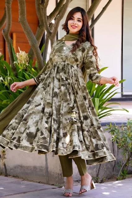 Captivating Brown Muslin Anarkali Suit with Floral Prints Captivating Brown Muslin Anarkali Suit with Floral Prints