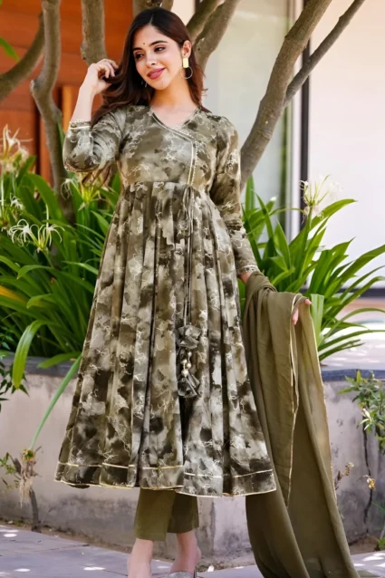 Captivating Brown Muslin Anarkali Suit with Floral Prints Captivating Brown Muslin Anarkali Suit with Floral Prints