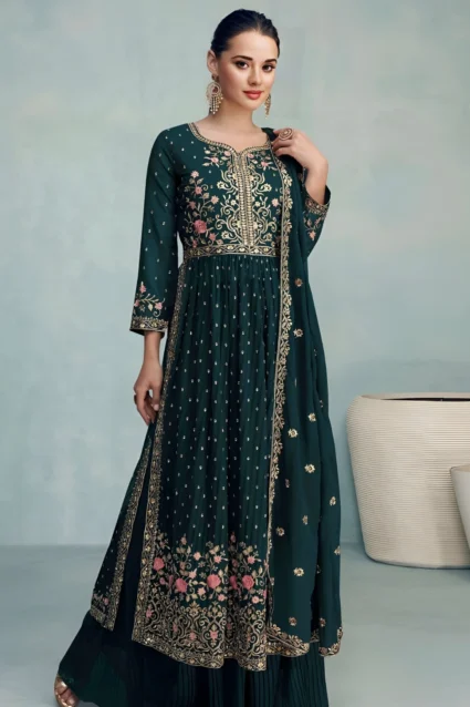 Designer Green Nayra Cut Kurti Palazzo Set With Embroidery Designer Green Nayra Cut Kurti Palazzo Set With Embroidery