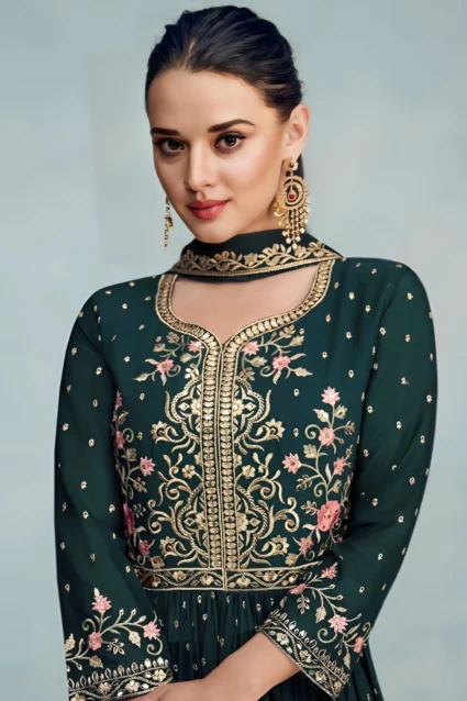 Designer Green Nayra Cut Kurti Palazzo Set With Embroidery Designer Green Nayra Cut Kurti Palazzo Set With Embroidery