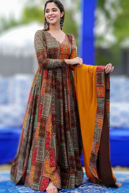 Designer Mustard Yellow Muslin Anarkali Gown With Dupatta Designer Mustard Yellow Muslin Anarkali Gown With Dupatta