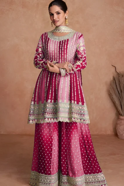 Dual Pink Chinon Sharara Set With Embroidery For Karwa Chauth 2023 Dual Pink Chinon Sharara Set With Embroidery For Karwa Chauth 2023