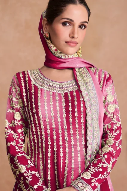 Dual Pink Chinon Sharara Set With Embroidery For Karwa Chauth 2023 Dual Pink Chinon Sharara Set With Embroidery For Karwa Chauth 2023