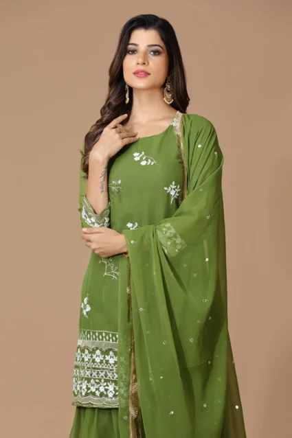 Embroidered Green Georgette Sharara Suit With Dupatta For Eid Embroidered Green Georgette Sharara Suit With Dupatta For Eid
