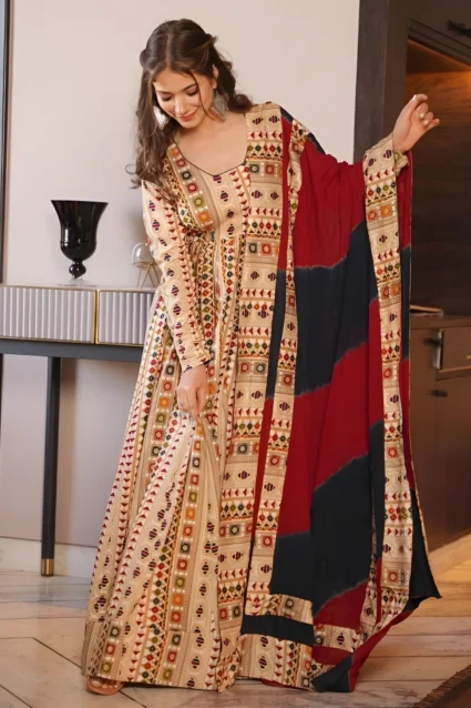 Gorgeous Full-Sleeved Printed Anarkali Gown With Dupatta Gorgeous Full-Sleeved Printed Anarkali Gown With Dupatta