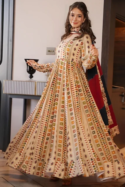 Gorgeous Full-Sleeved Printed Anarkali Gown With Dupatta Gorgeous Full-Sleeved Printed Anarkali Gown With Dupatta
