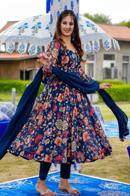 Graceful Navy Blue Georgette Floral Printed Anarkali Suit Graceful Navy Blue Georgette Floral Printed Anarkali Suit