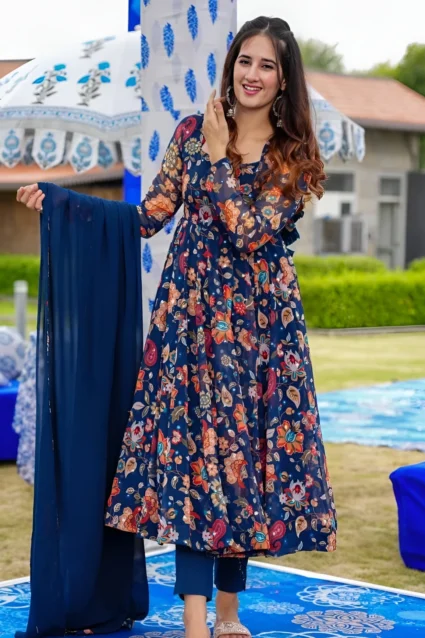 Graceful Navy Blue Georgette Floral Printed Anarkali Suit Graceful Navy Blue Georgette Floral Printed Anarkali Suit