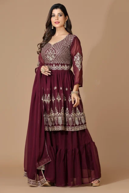 Maroon Partywear Sharara Suit With Dupatta For Women Maroon Partywear Sharara Suit With Dupatta For Women