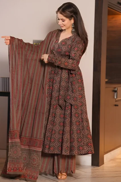 Partywear Full-Sleeved Brown Georgette Gown With Dupatta