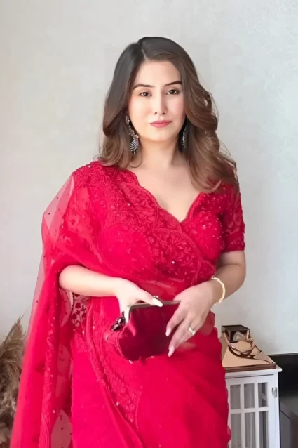 Partywear Red Organza Saree For Newly Married Women